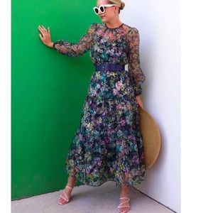 Halogen x Atlantic-Pacific Long-Sleeve Floral Sheer Tiered Maxi Dress Size Small